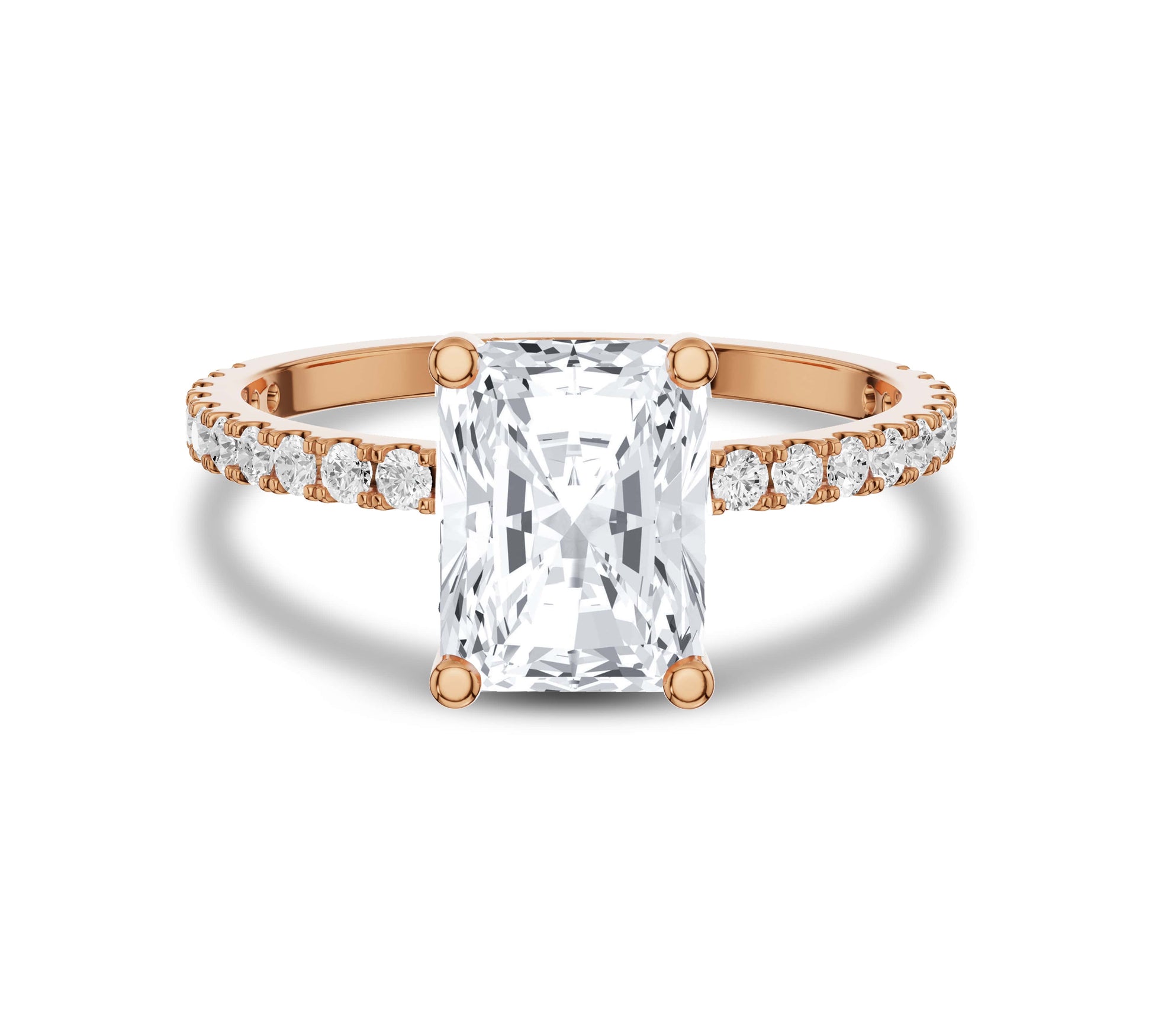 Radiant cut rose gold engagement ring with hidden halo detail