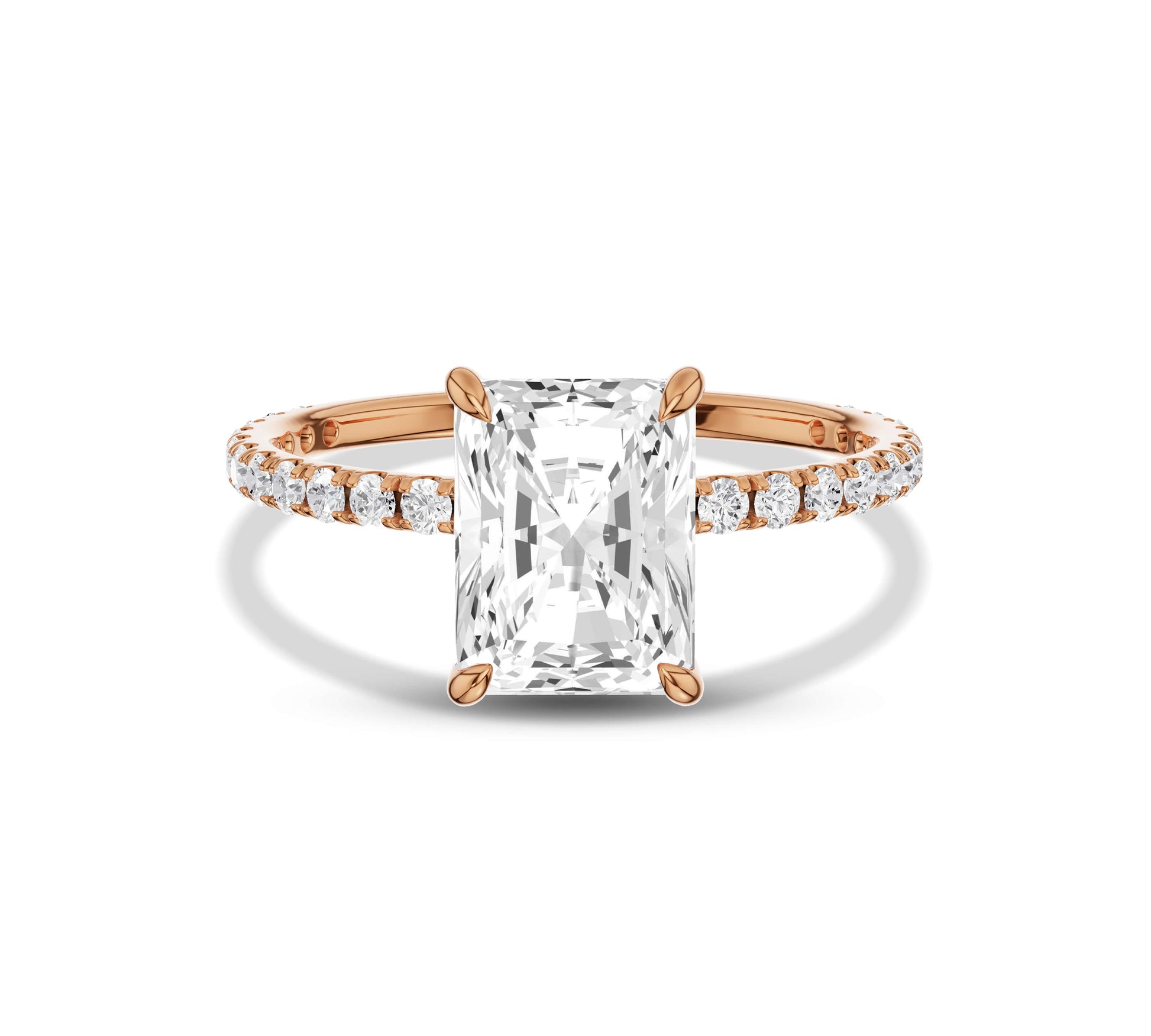 rose gold band featuring radiant-cut brilliance