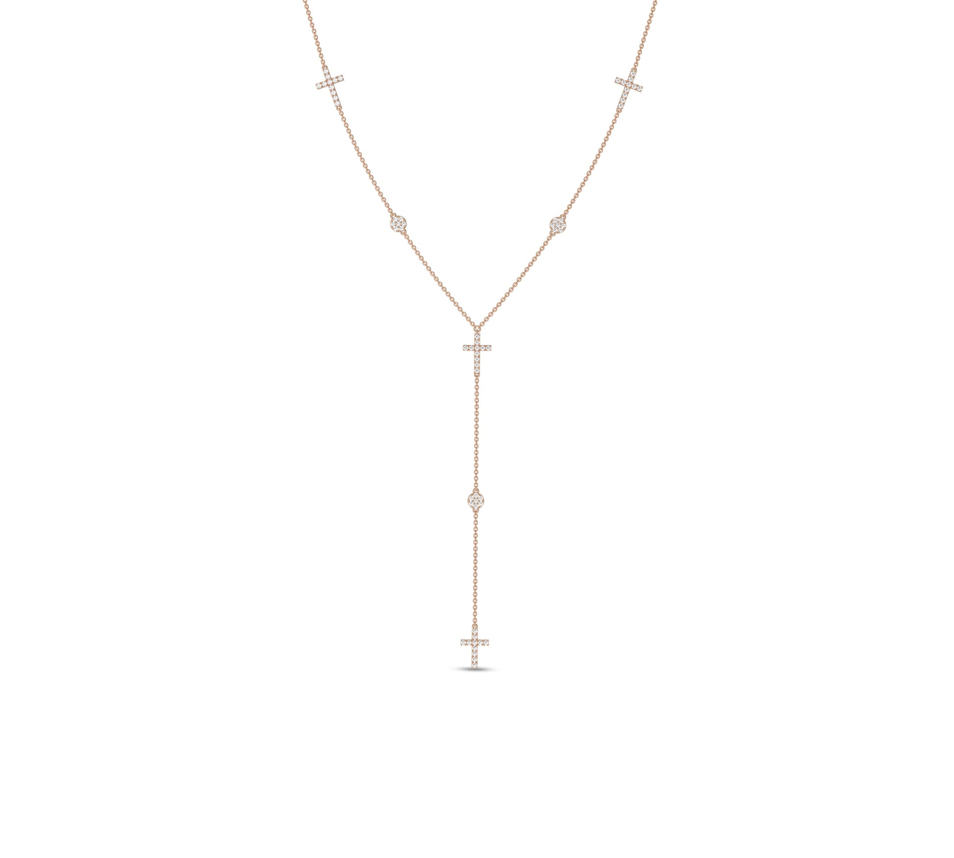 Rose gold lariat necklace with crosses and diamond charms