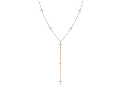 Rose gold lariat necklace with crosses and diamond charms