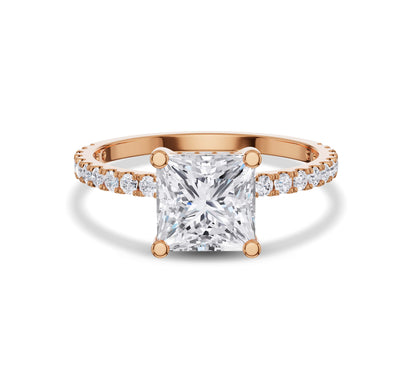 Rose gold princess cut engagement ring with pavé side