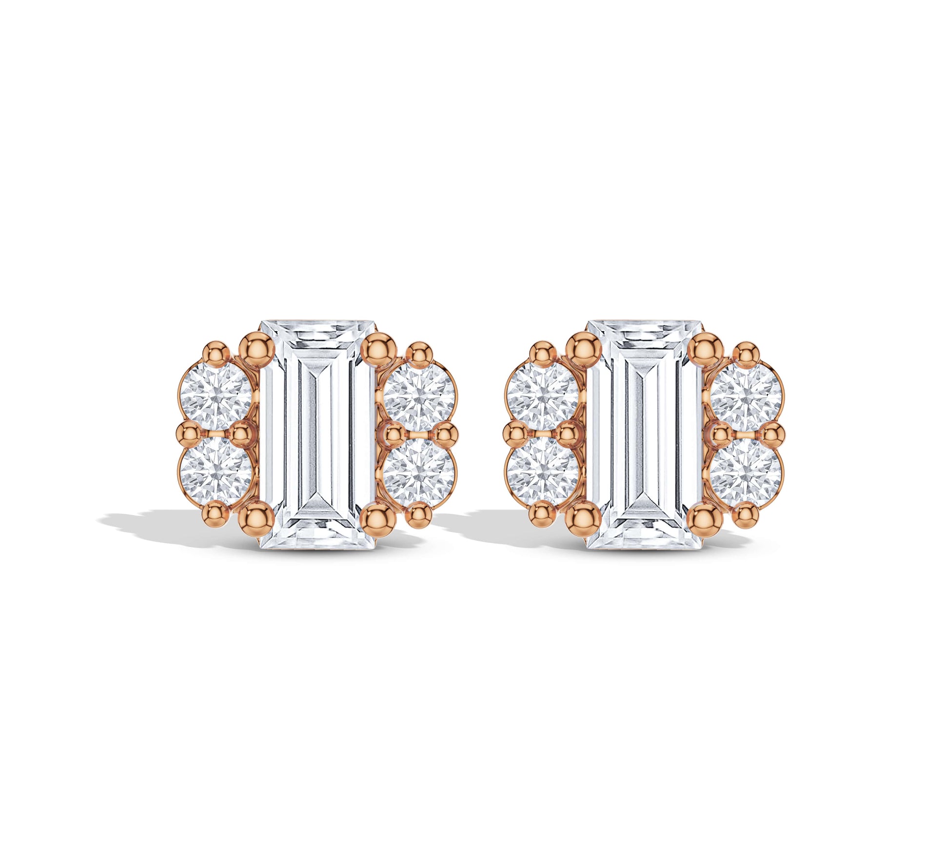 Baguette diamond stud earrings in rose gold setting
