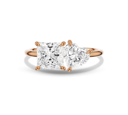 Rose gold two-stone engagement ring with heart and princess diamonds