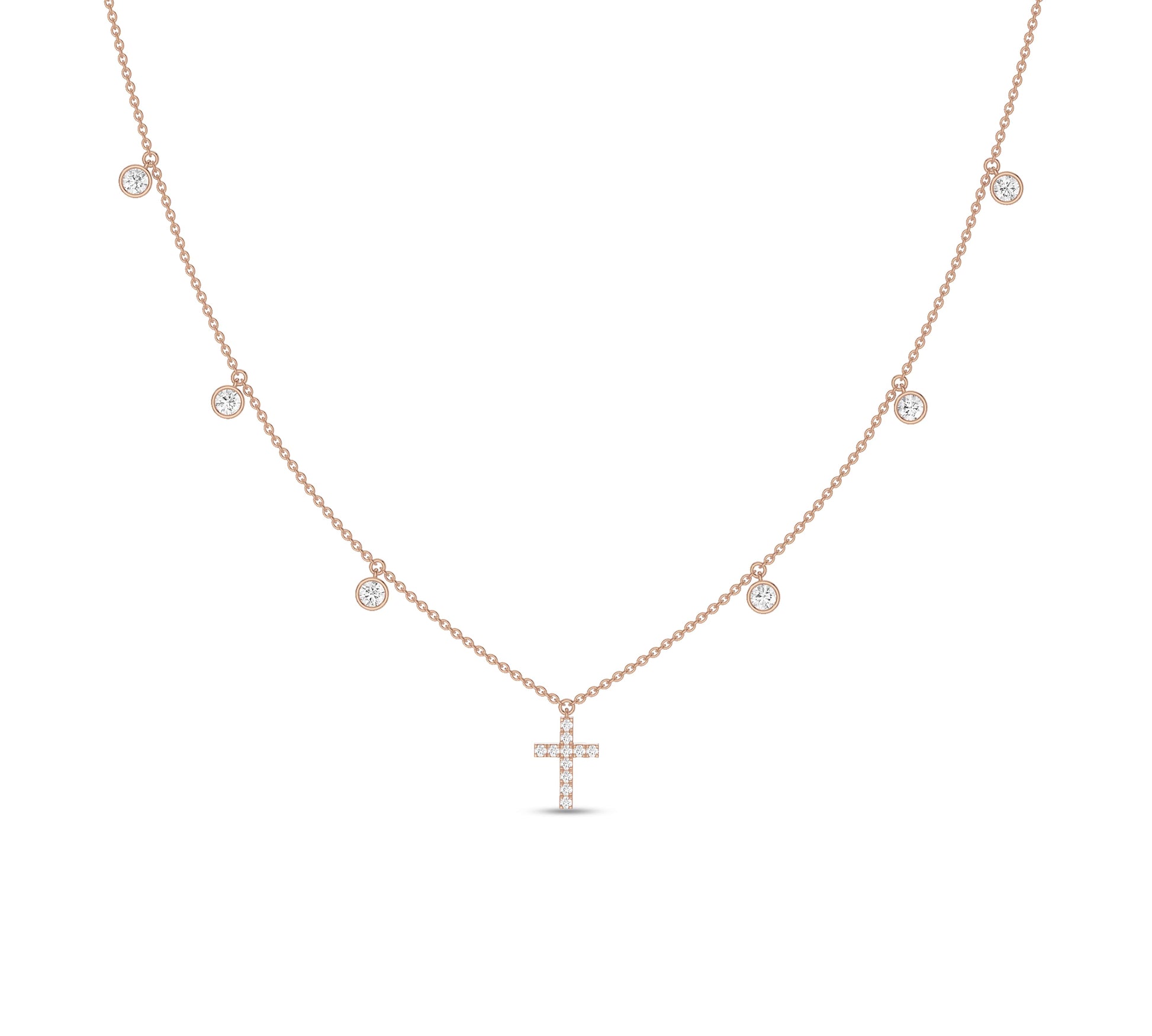 Rose gold necklace with diamond cross and bezel-set stones