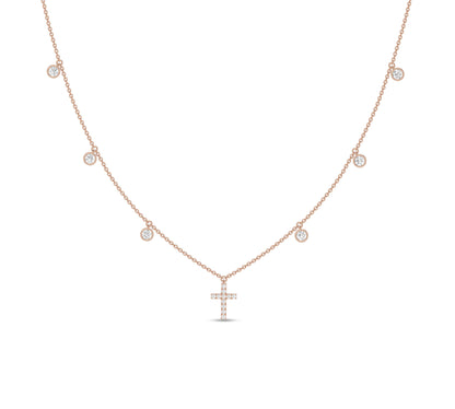 Rose gold necklace with diamond cross and bezel-set stones
