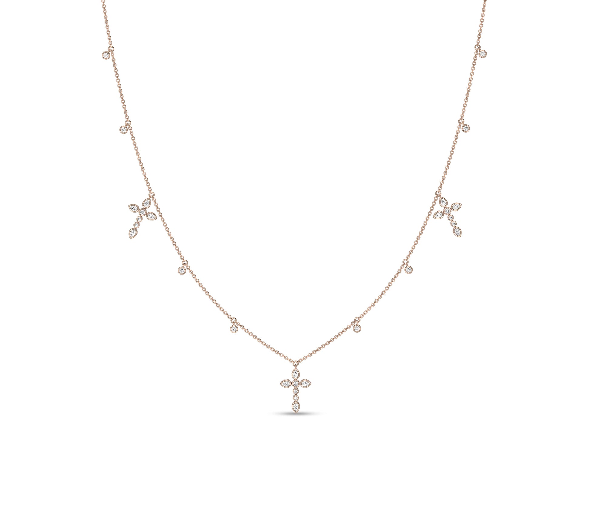 Rose gold cross necklace with pear-shaped diamonds