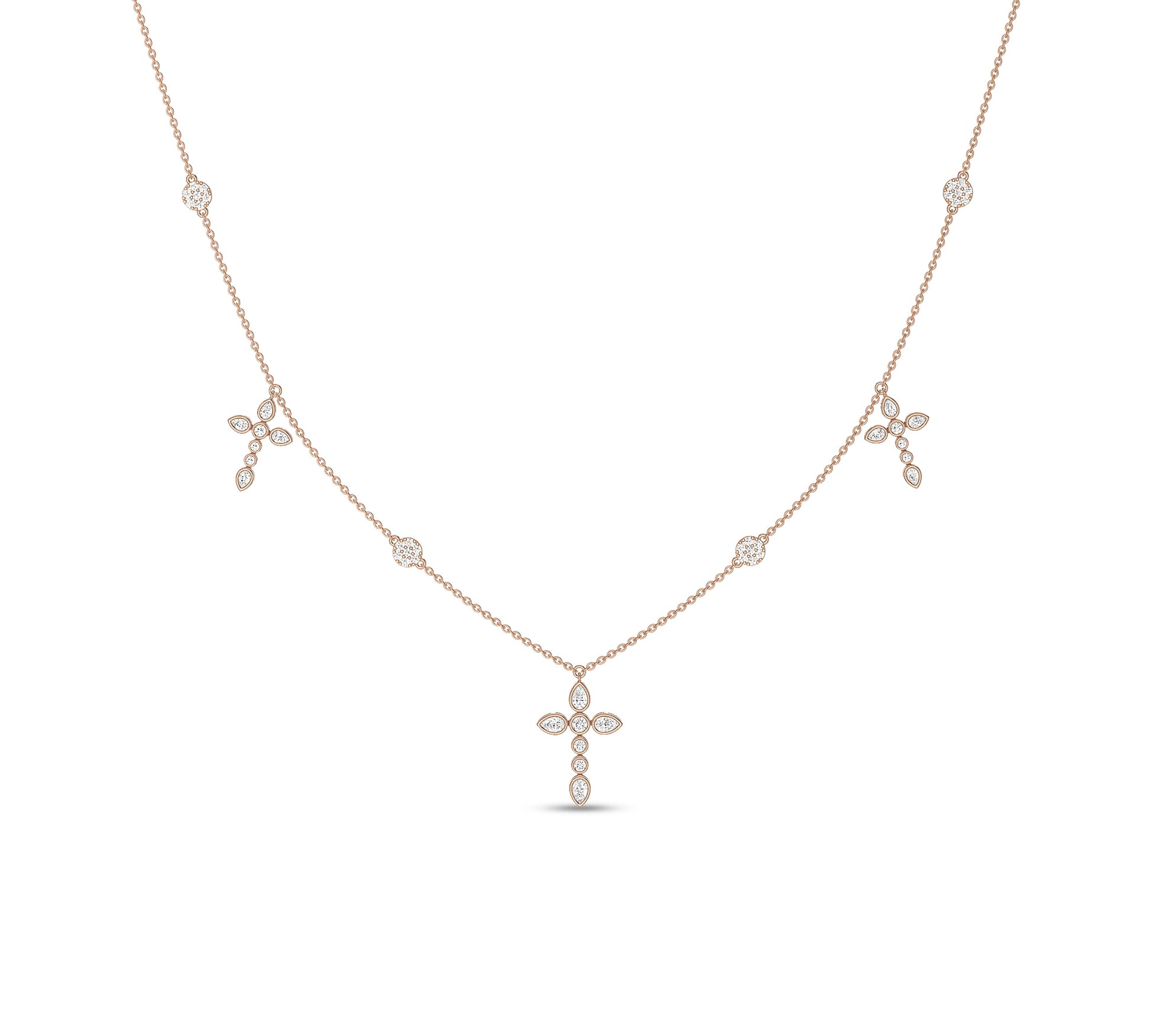 Rose gold necklace with marquise and round floral cross design