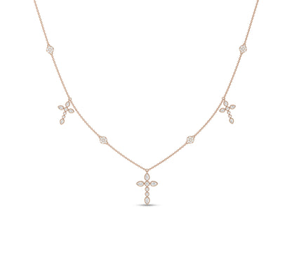 Rose gold necklace with marquise and round floral cross design