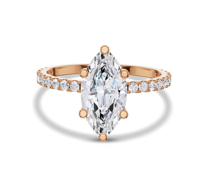 Rose gold hidden halo ring with marquise lab-grown diamond