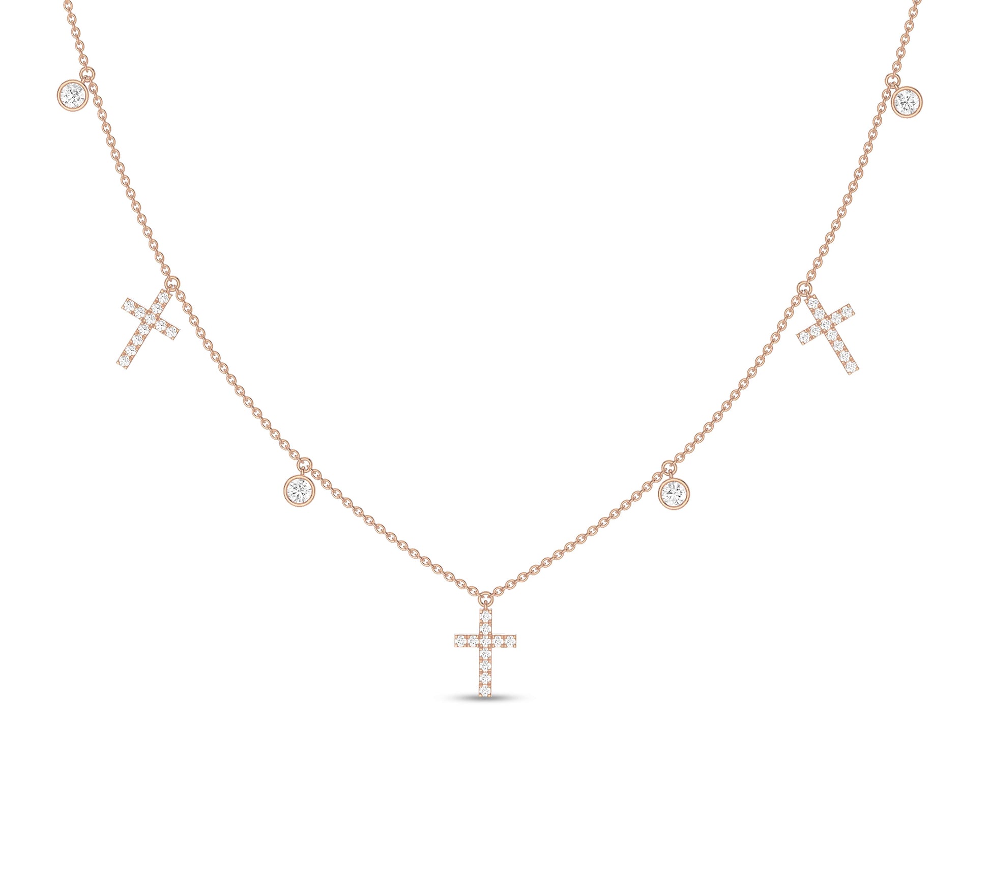 Rose gold cross drop necklace with bezel diamond accents
