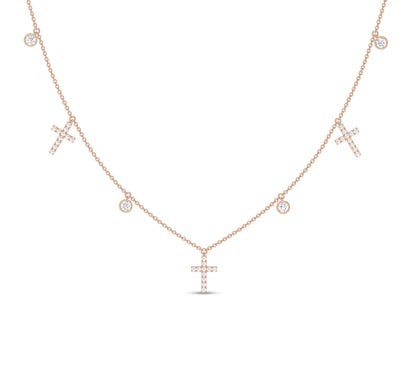 Rose gold cross drop necklace with bezel diamond accents