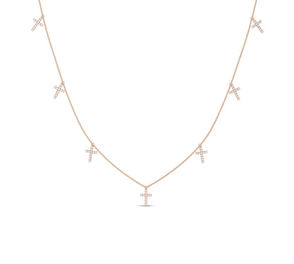 Rose gold seven-cross necklace with pavé diamonds