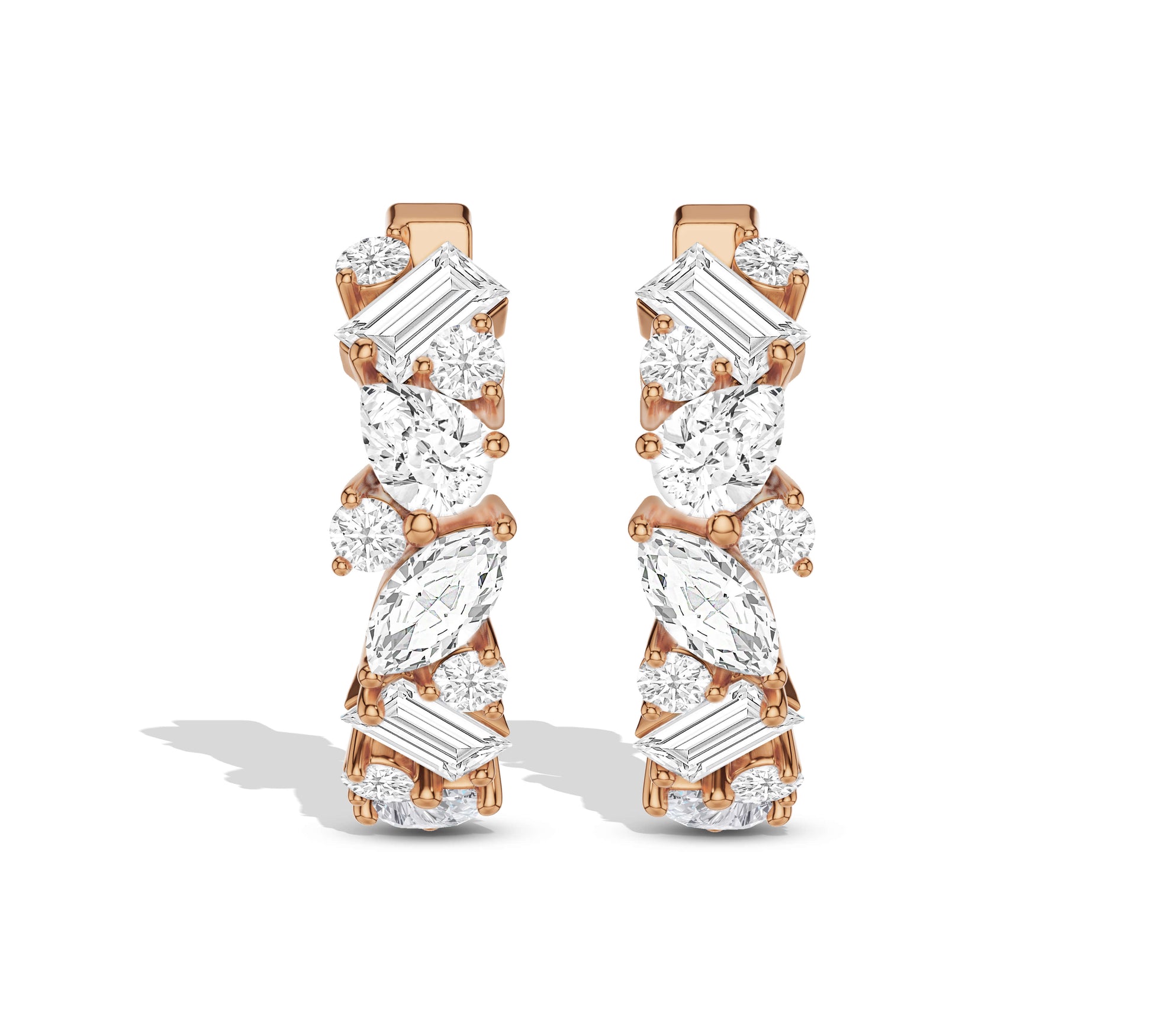 Gold earrings with baguette and round diamonds
