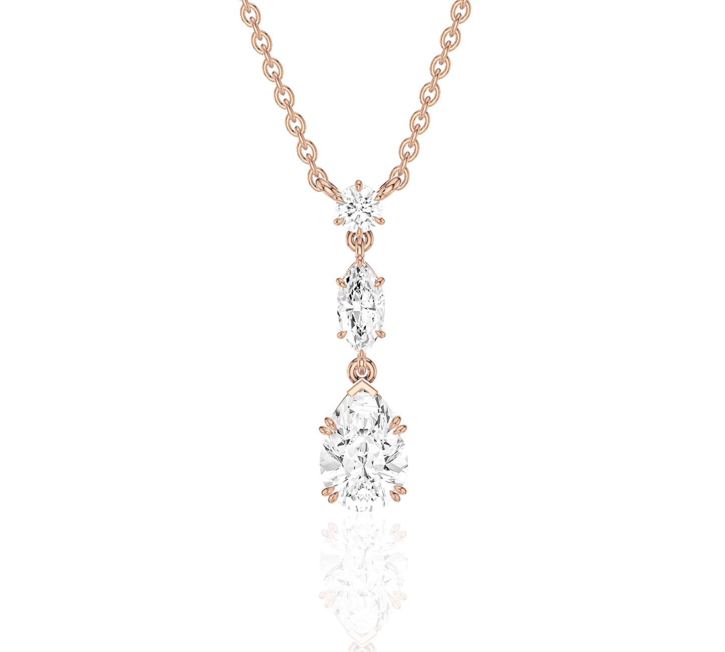 14K rose gold necklace featuring trio of round-cut diamonds