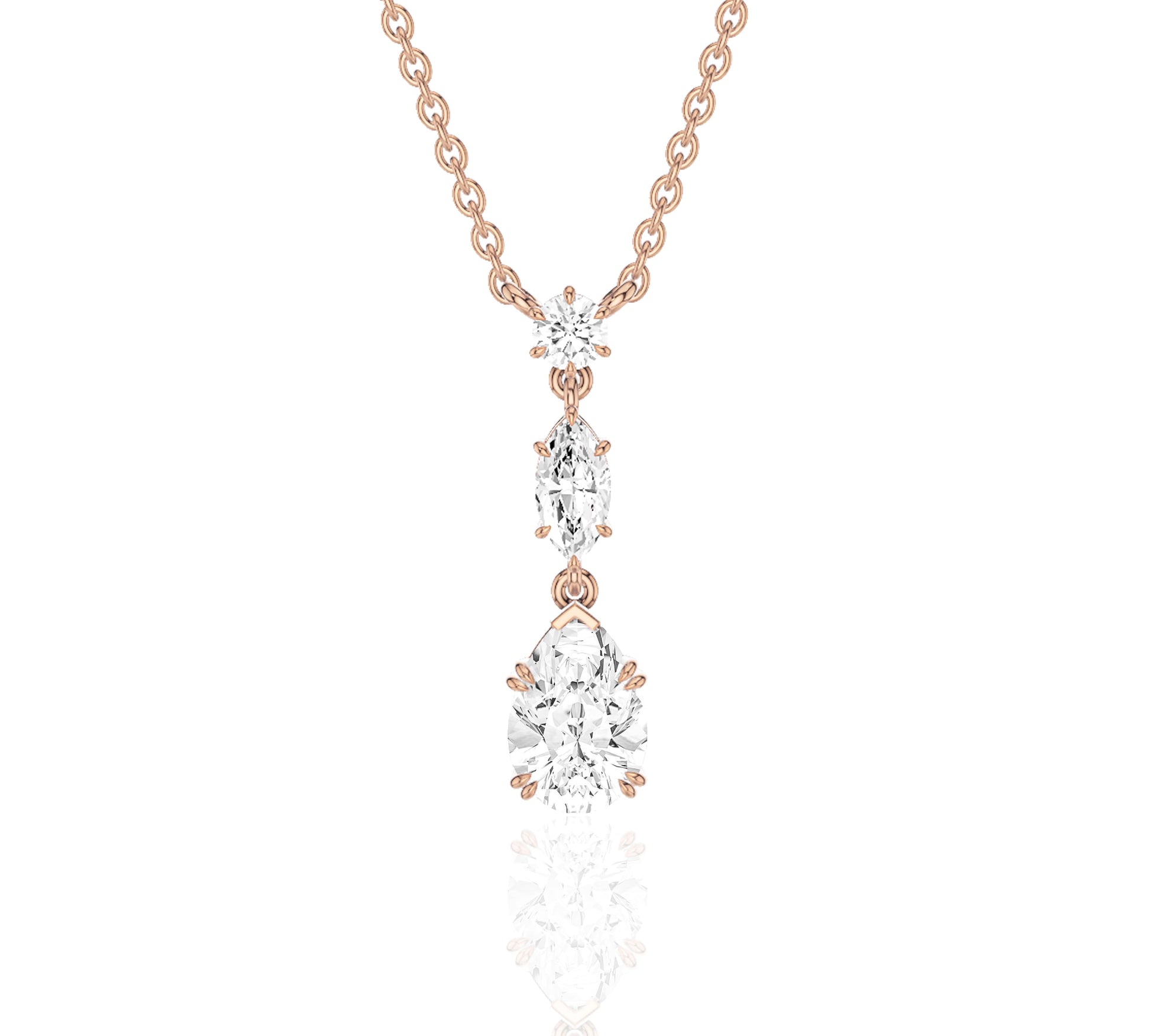 14K rose gold necklace featuring trio of round-cut diamonds