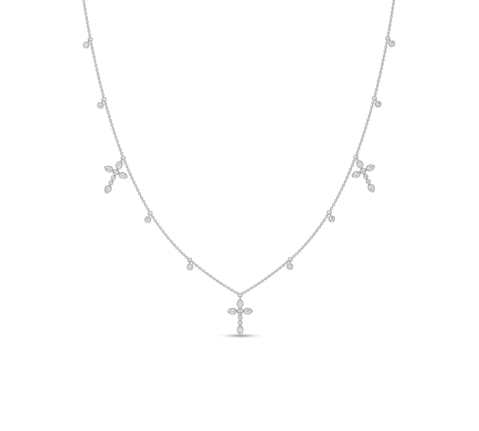 White gold diamond necklace with pear-shape and cross motifs