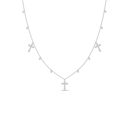 White gold diamond necklace with pear-shape and cross motifs