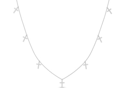 White gold cross charm necklace with seven pavé drops