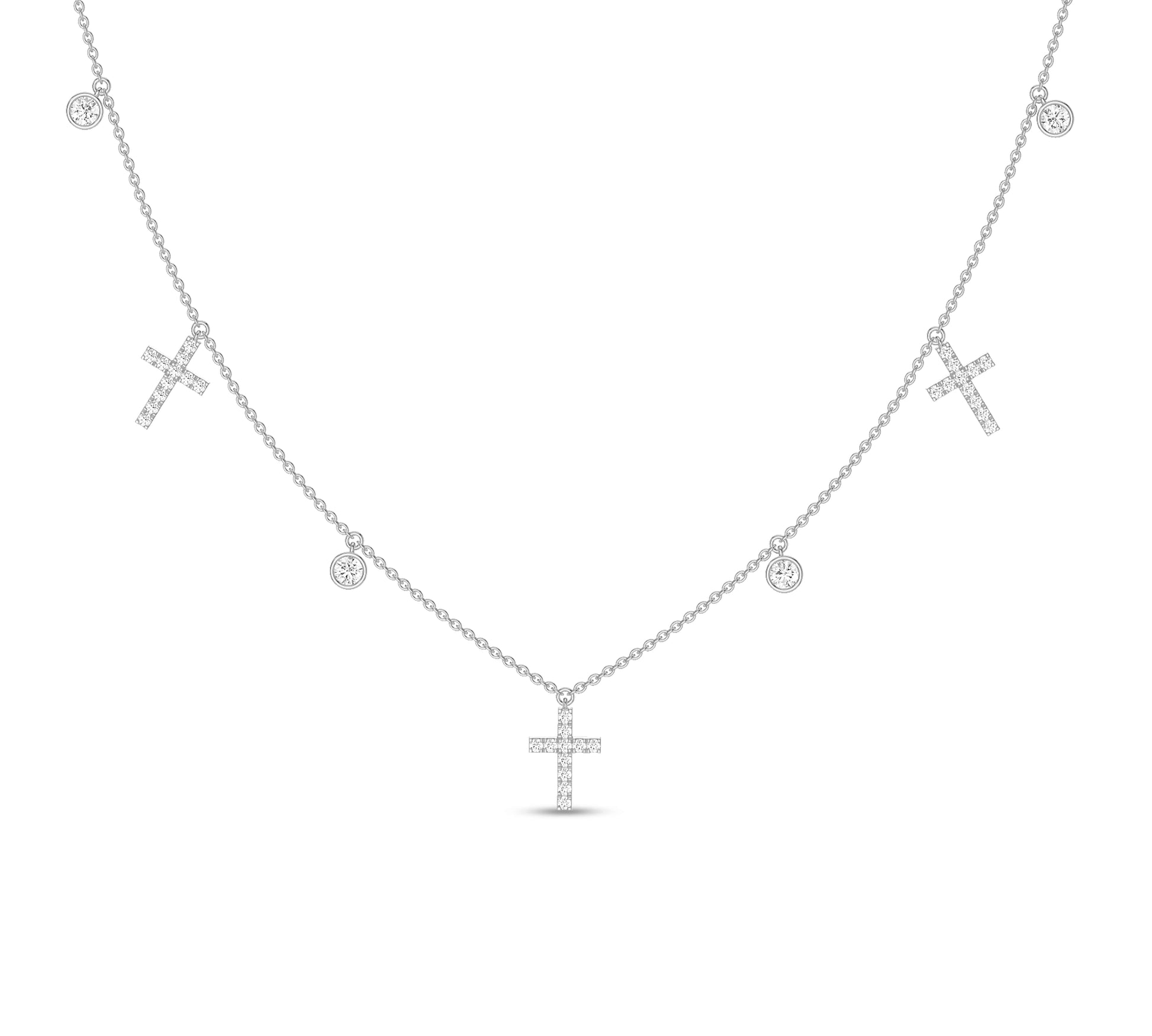 White gold cross charm necklace with bezel-set diamonds