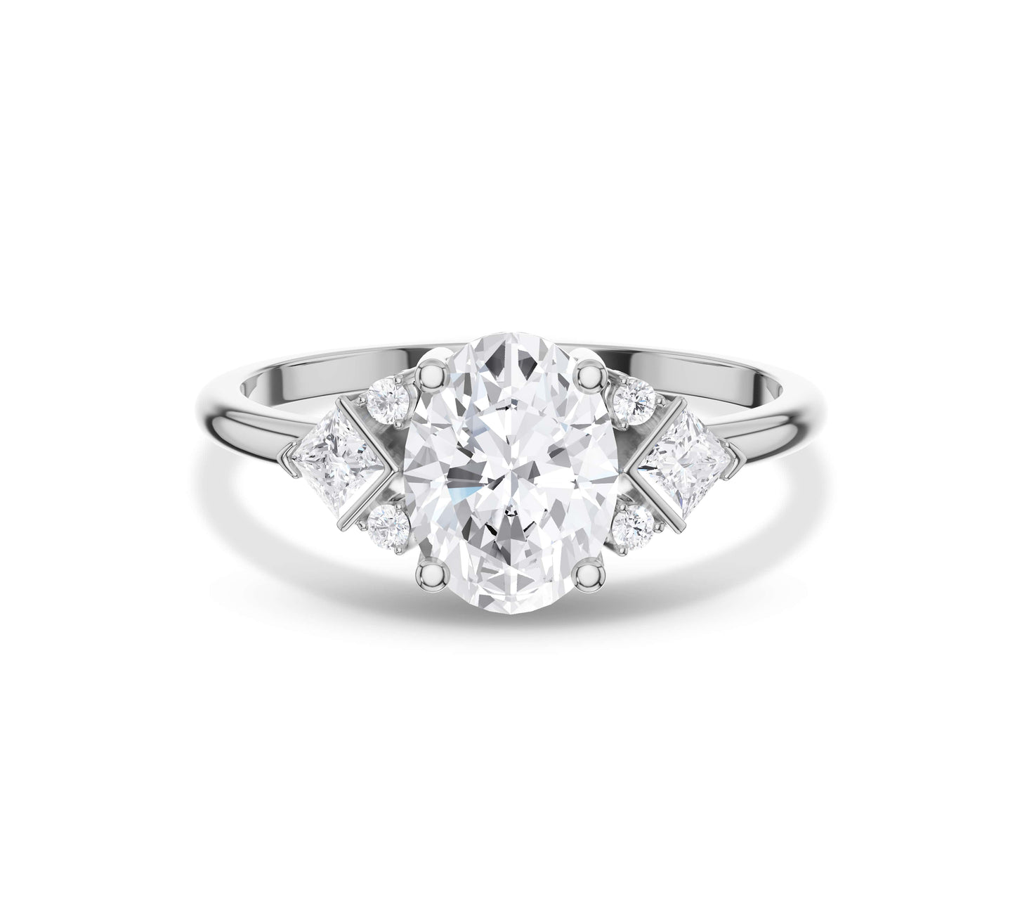 White gold ring with oval diamond and side accents