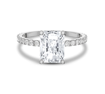 White gold radiant cut engagement ring with pavé diamonds