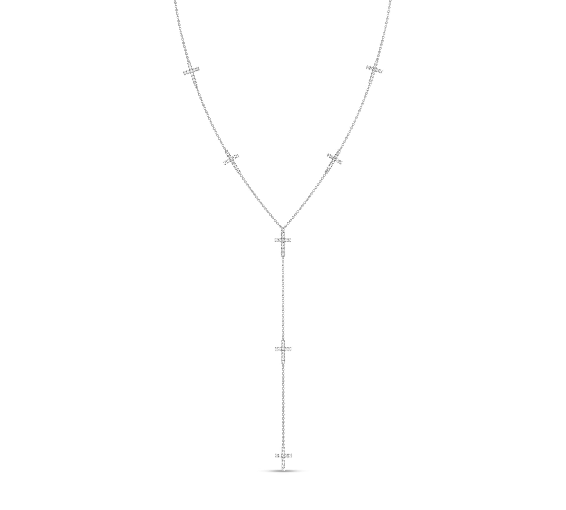 14K white gold layered lariat with diamond crosses