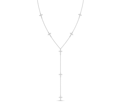 14K white gold layered lariat with diamond crosses
