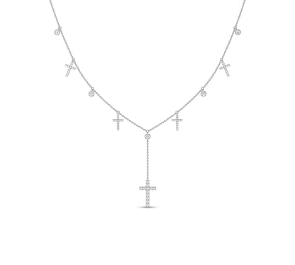 Modern gold necklace with multiple dangle crosses