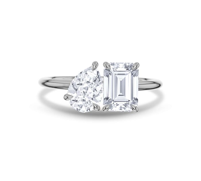 Pear & Emerald Cut Diamond Two Stone Engagement Ring