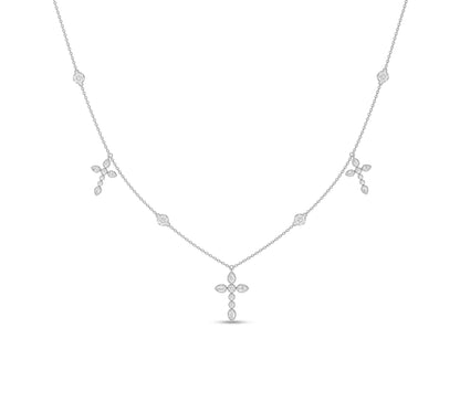 White gold necklace with floral diamond crosses and accents